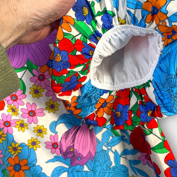 H&M Floral Print Womans Top Bright Flowers Garden Puff Sleeve 100% Cotton SZ 4 - Picture 6 of 12